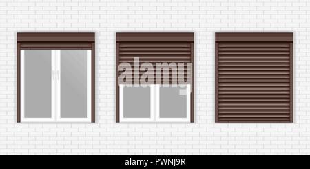 Brown window shutters on gray brick wall Stock Vector