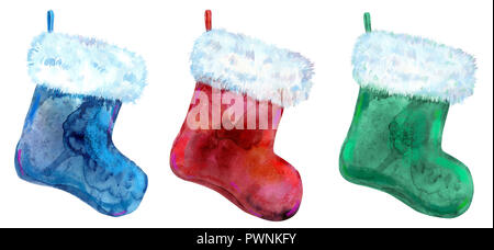 Christmas colorfull socks for gifts isolated on white background. Watercolor hand drawn illustration Stock Photo