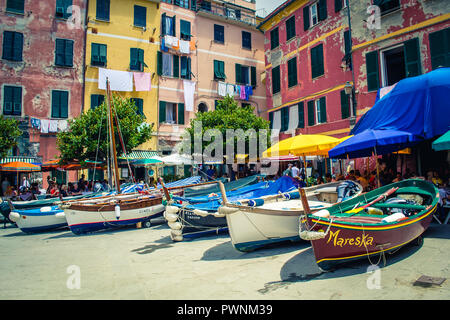 Vernazza, Italy - June 23 2013: The colorful center of Vernazza, one of the five famous colorful villages of Cinque Terre, Italy. Stock Photo