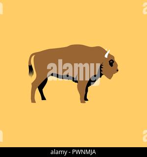 Cute bison vector flat illustration isolated on yellow background. Wild animal character. Stock Vector