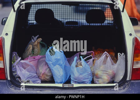 Car boot/trunk full of grocery shopping, market day, Loule, Algarve region, Portugal Stock Photo