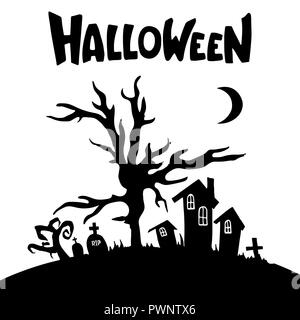 Houses, trees, tombs, crosses, moon silhouettes. Black and white cartoon shapes on Halloween theme. Isolated on white background. Vector illustration. Stock Vector