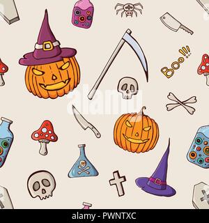 Halloween color seamless pattern. Hand drawn doodle cartoon elements of Halloween celebration. Pumpkin, skull, poison, coffin, hat, knife, mushroom, s Stock Vector