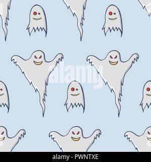 Ghosts seamless pattern. Hand drawn doodle cartoon elements of Halloween celebration. Vector colorful illustration. Stock Vector