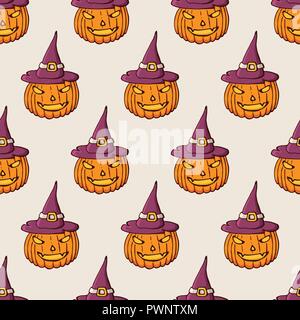 Halloween pumpkins in the hat color seamless pattern. Hand drawn doodle cartoon elements of Halloween celebration.  Vector colorful illustration. Stock Vector