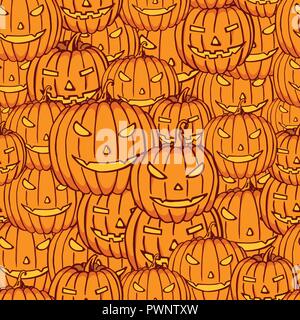 Halloween pumpkins color seamless pattern. Hand drawn doodle cartoon elements of Halloween celebration.  Vector colorful illustration. Stock Vector