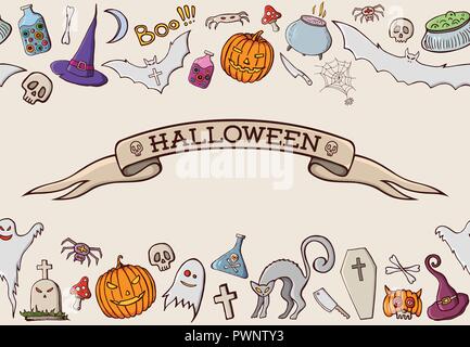Color cartoon shapes on Halloween theme. Seamless border pattern. Ribbon with text. Celebration background with pumpkin, scull, spider, hat, cat, tomb Stock Vector