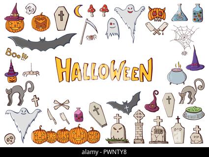 Set of color hand drawn doodle cartoon elements of Halloween celebration. Pumpkins, bats, spiders, ghost, tombs. Handmade vector lettering. Isolated d Stock Vector