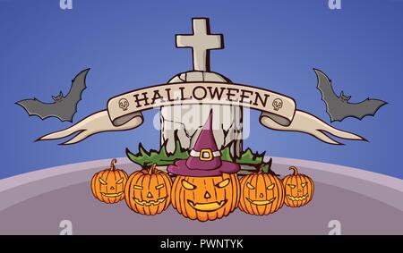 Color cartoon shapes on Halloween theme. Landscape with tomb, cross, pumpkins, bats. Ribbon with text. Halloween vector colorful illustration. Stock Vector