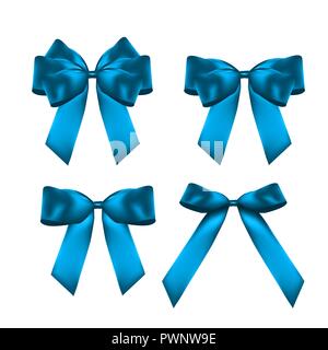 Decorative blue bow collection set. 3D Realistic Vector Illustration Stock Vector