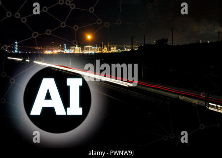 AI or Artificial Intelligence concept with train light trails and industrial factory. Stock Photo