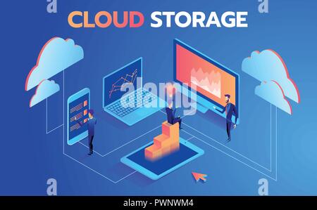 System of technical support. People interacting with the technical cloud storage center. Modern vector illustration isometric style. Stock Vector