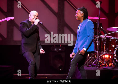 Nashville, Tennessee, USA. 16th Oct, 2018. Newsboys United performing at  the 49th GMA Dove Awards were held at Lipscomb University's Allen Arena in  Nashville. Michael Tait and longtime members Duncan Phillips, Jeff