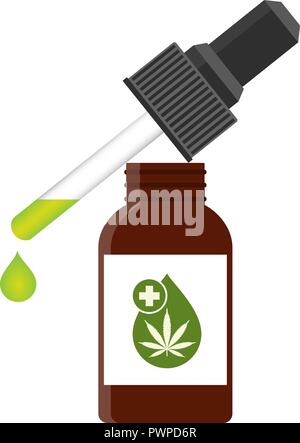 CBD oil cannabis extract. Medical marijuana. Hemp oil in a bottle. Mock up of cannabis oil. Icon product label and logo graphic template. Isolated vector illustration on white background. Stock Vector
