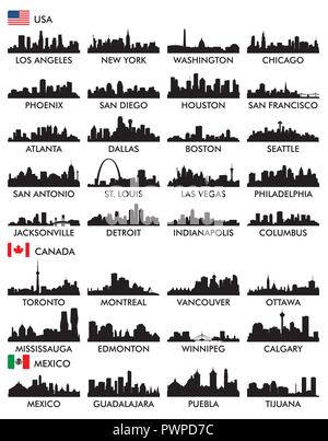 Large set of silhouettes of American cities Stock Vector
