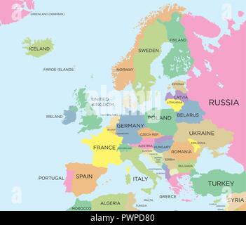 Coloured political map of Europe detailed vector illustration Stock Vector