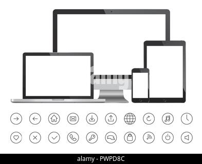 Mobile devices and minimalistic icons vector illustration for your design Stock Vector