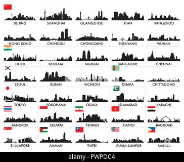 Skyline of Asian Cities big set of vector city silhouettes Stock Vector