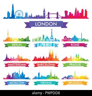 City skyline of Europe Colorful vector illustration big set of vector city silhouettes Stock Vector