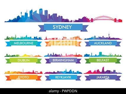 Colorful сity skyline Australia and the Island country big set of vector city silhouettes Stock Vector
