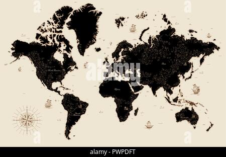 Decorative old map of the world detailed vector illustration Stock Vector