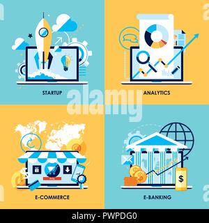 Flat design concepts for startup, analytics, e-commerce and e-banking business vector illustration for presentations Stock Vector