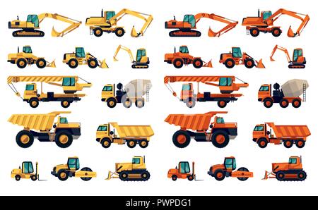 Flat design set of construction machinery and equipment detailed vector illustration Stock Vector