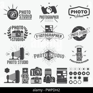 Photography and photo studio logo, Classic camera Labels template for your design Stock Vector