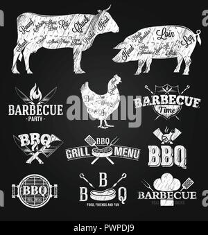 BBQ Emblems and Logos chalk drawing template for your logo design Stock Vector