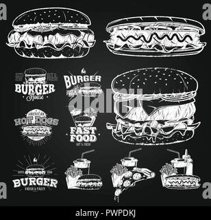 Fast Food Label, Logos and design elements chalk drawing template for your logo design Stock Vector