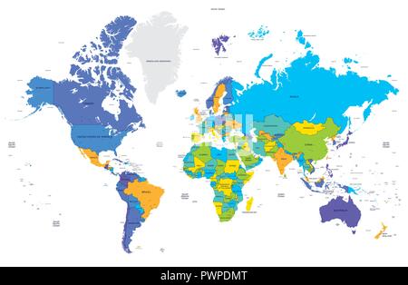 High detailed color world map. Сapital and big cities. Vector template for your design Stock Vector