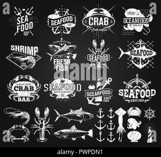 Seafood labels, logo chalk drawing template for your logo design Stock Vector