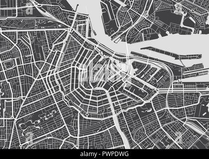 Downtown vector map of Amsterdam, Netherlands. This printable map of Amsterdam contains lines ...