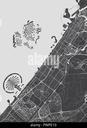 Vector detailed map Dubai detailed plan of the city, rivers and streets Stock Vector