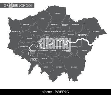 Vector Greater London administrative map detailed plan of the city, districts and neighborhoods Stock Vector