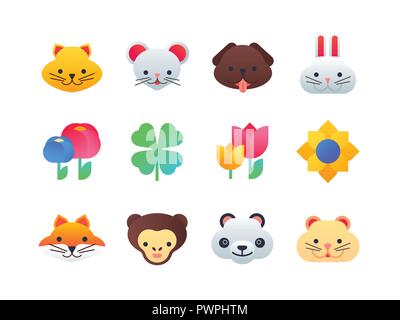 Animals and flowers - set of flat design style icons Stock Vector