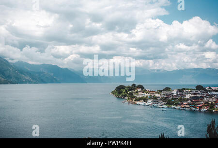 View of the tip of the lakeside tourism town of San Pedro La Laguna, known as the party destination of Lake Atitlán, Guatemala Stock Photo