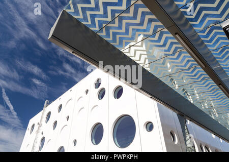 GOUDA, NETHERLANDS - 12 OCTOBER, 2018: Modern Dutch Architecture: Detail of the cinema symbolizing Gouda Cheese. Stock Photo