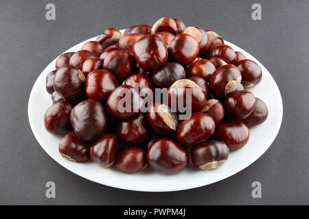 Many chestnuts on white plate. Grey background. Stock Photo