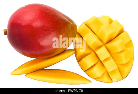 Mango fruit with mango cubes and slices. Isolated on a white background. Stock Photo