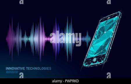 Sound recognition voice assistant low poly smartphone. Wireframe mesh polygonal 3D render sound innovative technology waveform. Audio equalizer digital computer concept vector illustration Stock Vector