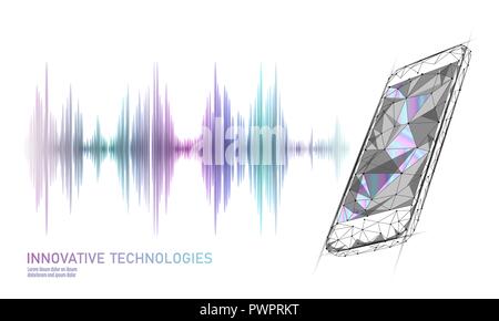 Sound recognition voice assistant low poly smartphone. Wireframe mesh polygonal 3D render sound innovative technology waveform. Audio equalizer digital computer concept vector illustration Stock Vector