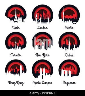 Emblems and badge city skyline vector illustration set of vector city silhouettes Stock Vector