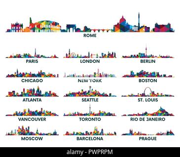 Geometric pattern skyline city America and Europe set of vector city silhouettes Stock Vector