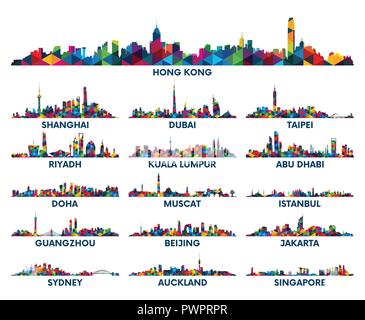Geometric pattern skyline city Arabian Peninsula and Asia big set of vector city silhouettes Stock Vector