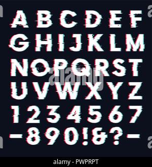 Glitch font with distortion effect vector letters and numbers, dark background template for your design Stock Vector