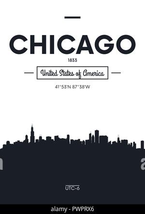 Poster city skyline Chicago, Flat style vector illustration interior decoration design Stock Vector