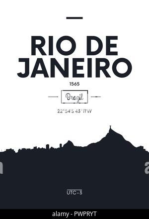 Poster city skyline Rio de Janeiro, Flat style vector illustration interior decoration design Stock Vector