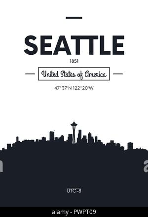 Poster city skyline Seattle, Flat style vector illustration interior decoration design Stock Vector