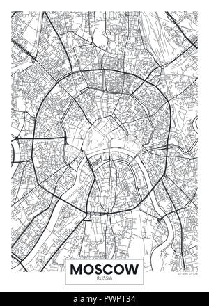Vector poster map city Moscow detailed plan of the city, rivers and streets Stock Vector